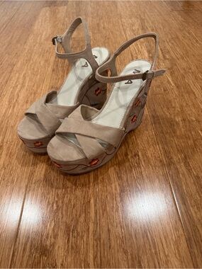 MIA Wedge Sandals with Floral Embroidered Platform - Taupe